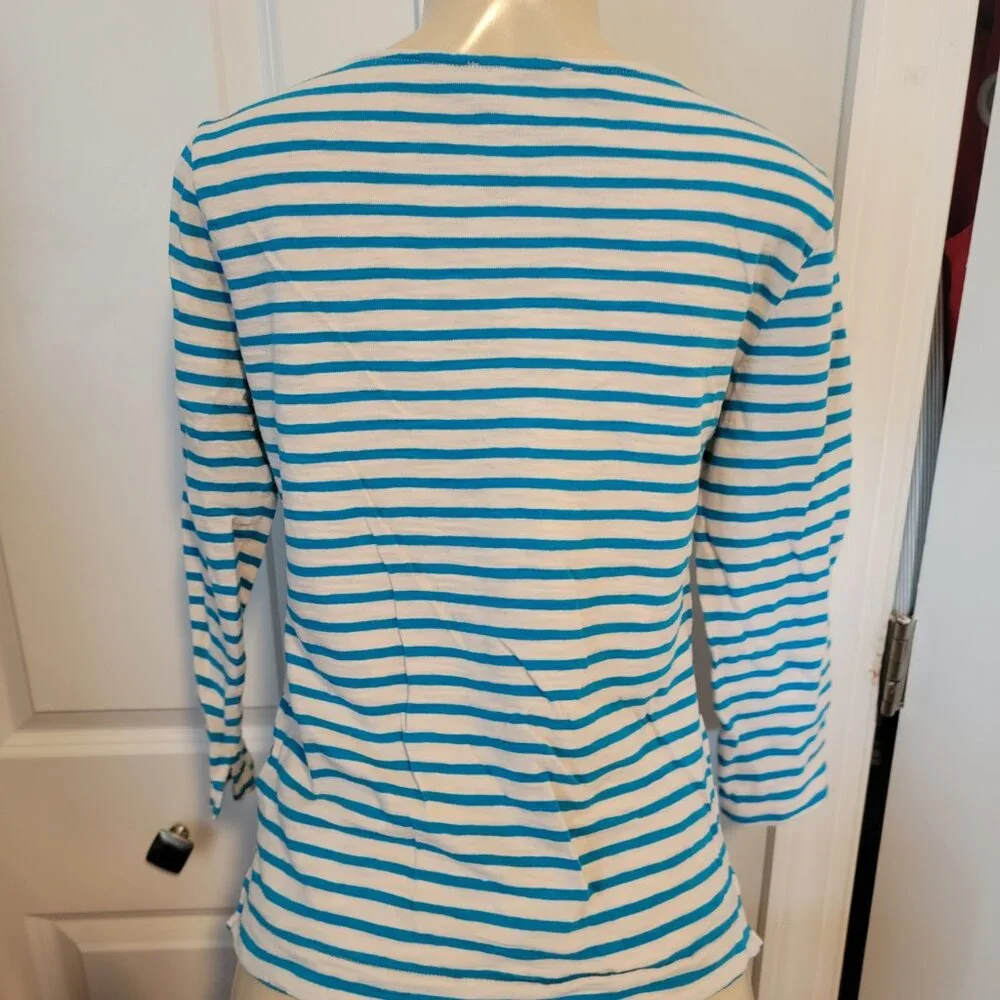 Forever 21 Turquoise Blue & White Stripe Pullover 3/4 Sleeve Top - Picture 5 of 9